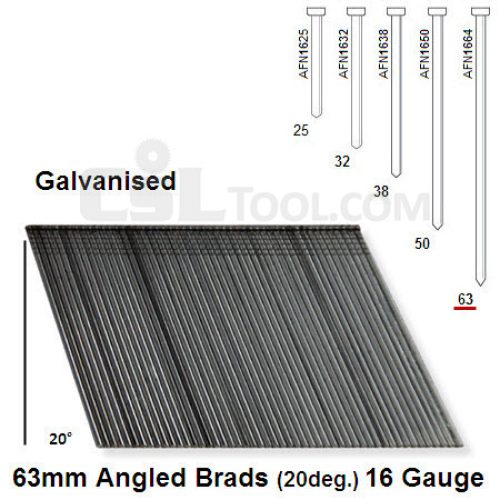 Box of 2000 16 Gauge Angled Galvanised Brads (20 degree) 63mm Long
