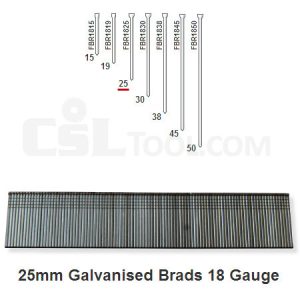 Box of 5000 18 Gauge Galvanised Brads 25mm Long