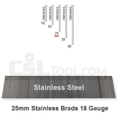 Box of 5000 18 Gauge Stainless Steel Brads 25mm Long