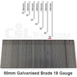 Box of 5000 18 Gauge Galvanised Brads 50mm Long