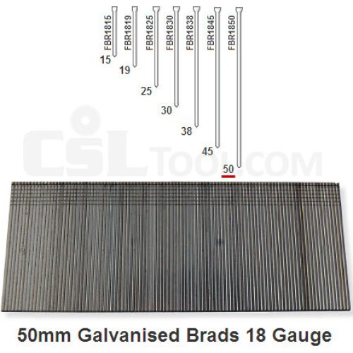 Box of 5000 18 Gauge Galvanised Brads 50mm Long