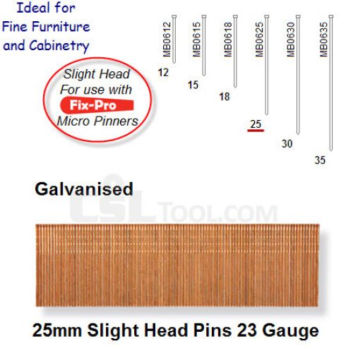 Box of 9600 23 Gauge Galvanised Slight Head Pins 25mm Long