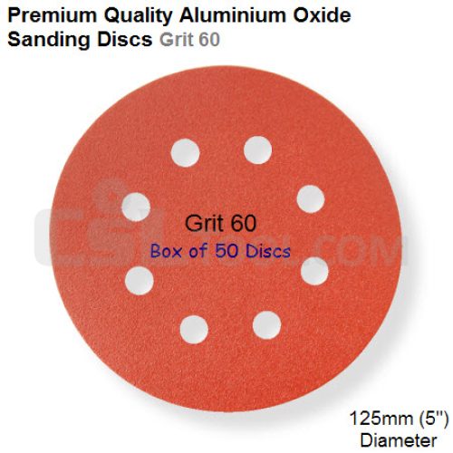 Box of 50 Velcro Backed 125mm Diameter 60 Grit 8 Hole Sanding Discs