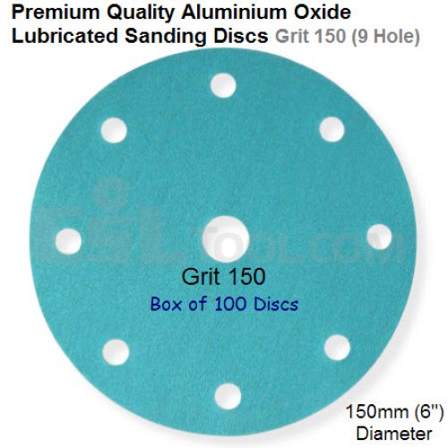 Box of 100 Velcro Backed 150mm Diameter 150 Grit Lubricated 9 Hole Sanding Discs