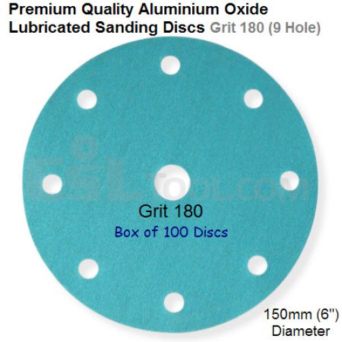 Box of 100 Velcro Backed 150mm Diameter 180 Grit Lubricated 9 Hole Sanding Discs
