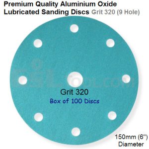 Box of 100 Velcro Backed 150mm Diameter 320 Grit Lubricated 9 Hole Sanding Discs