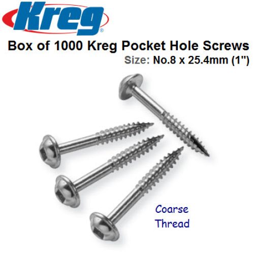 Box of 1000 No.8 x 25mm Zinc Coated Coarse Thread Kreg Screws