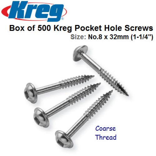 Box of 500 No.8 x 32mm Zinc Coated Coarse Thread Kreg Screws