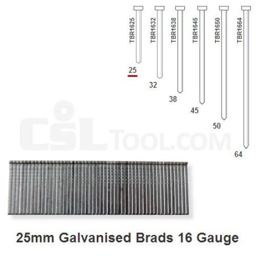 Box of 2000 16 Gauge Galvanised Brads 25mm Long