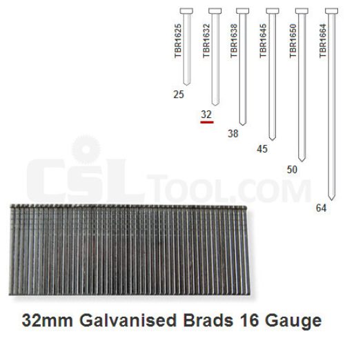 Box of 2000 16 Gauge Galvanised Brads 32mm Long