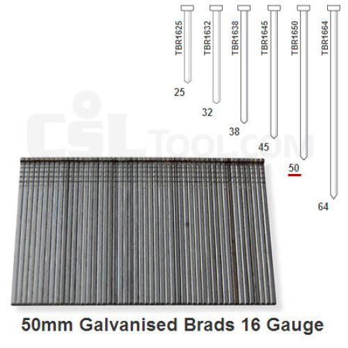 Box of 2000 16 Gauge Galvanised Brads 50mm Long
