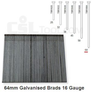 Box of 2000 16 Gauge Galvanised Brads 64mm Long