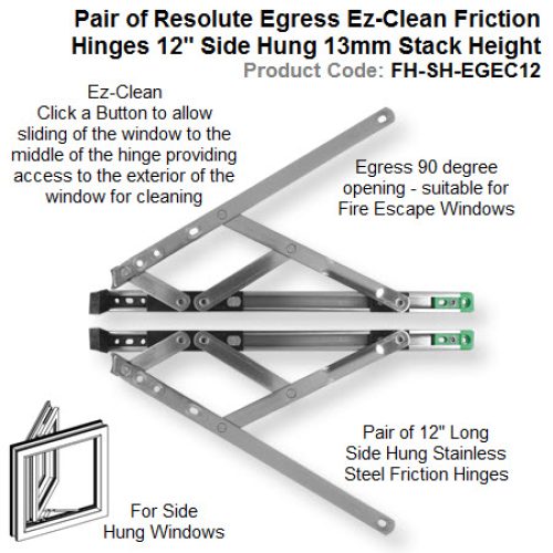 Pair of Resolute Egress Ez Clean Friction Hinges 12″ Side Hung 13mm Stack Height