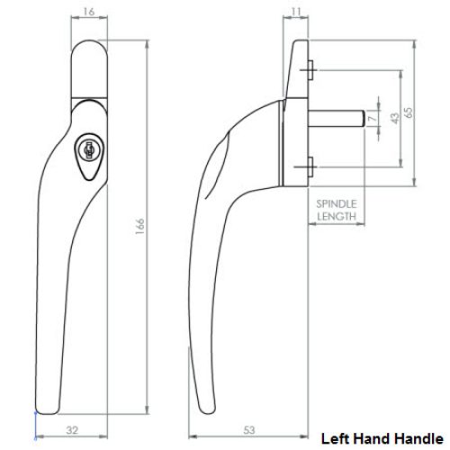 Prestige GX0 Cranked Window Espag Handle Left Hand Locking Brushed Nickel Finish
