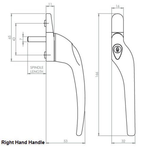 Prestige GX0 Cranked Window Espag Handle Right Hand Locking Brushed Nickel Finish