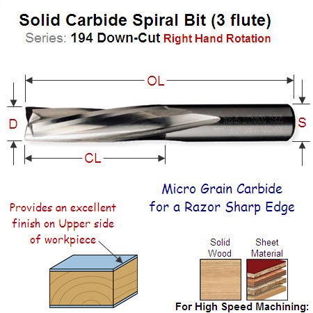 16mm Right Hand Downcut Solid Carbide Spiral (3 Flute) 194.160.11
