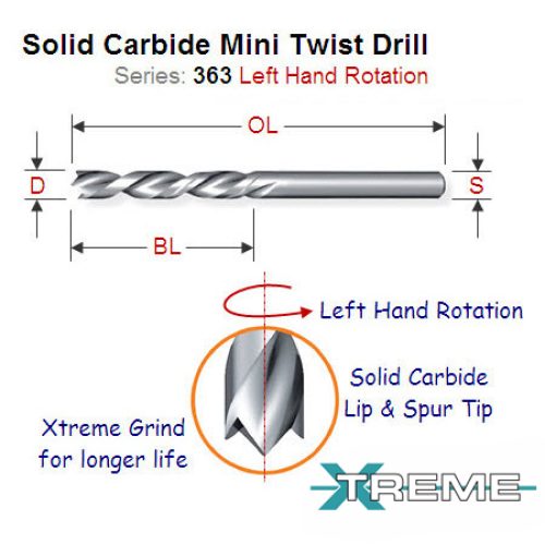 3mm Left Hand Solid Carbide Mini Lip and Spur Twist Drill 363.030.22