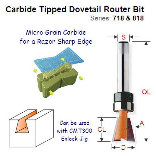Bearing Guided Dovetail Router Bit for Enlock Jig 818.128.11B