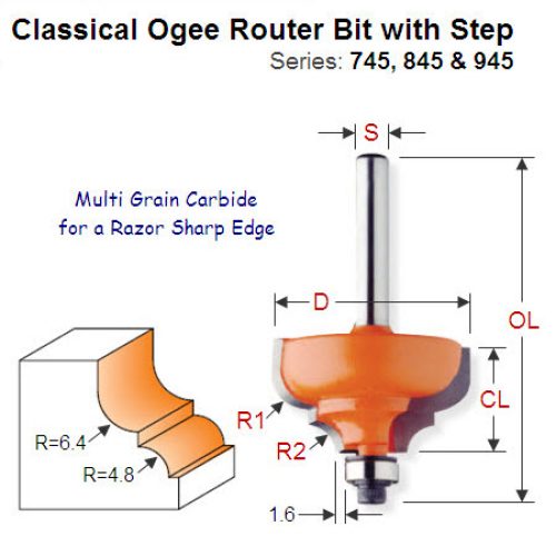 Multi Radius (6.4-4.8mm) Premium Quality Classical Ogee Bit with Step 745.350.11