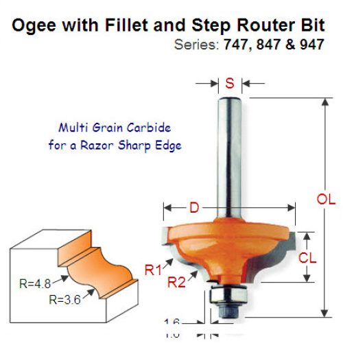 Multi Radius (4.8-3.6mm) Premium Quality Ogee with Fillet and Step Bit 847.325.11