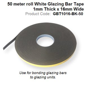 50 meter roll Black Glazing Bar Tape 1mm Thick x 16mm Wide GBT1016-BK-50