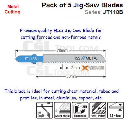 Pack of 5 Jig Saw Blades for Cutting Ferrous andNon-Ferrous Metals JT118B-5