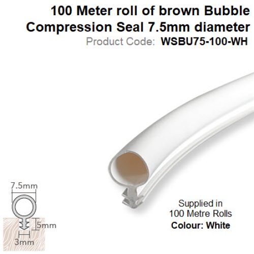 100 Meter roll of white Bubble Compression Seal 7.5mm diameter WSBU75-100-WH